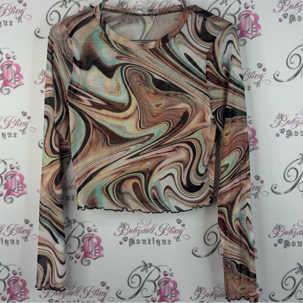 Gaze long sleeve mesh swirls marble Multicolor Swirl Long Sleeve Top